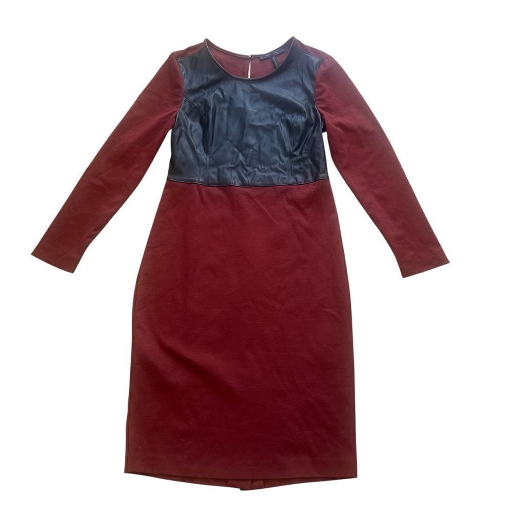 BCBGMaxAzria Black and Burgundy Faux Leather Top Dress LARGE